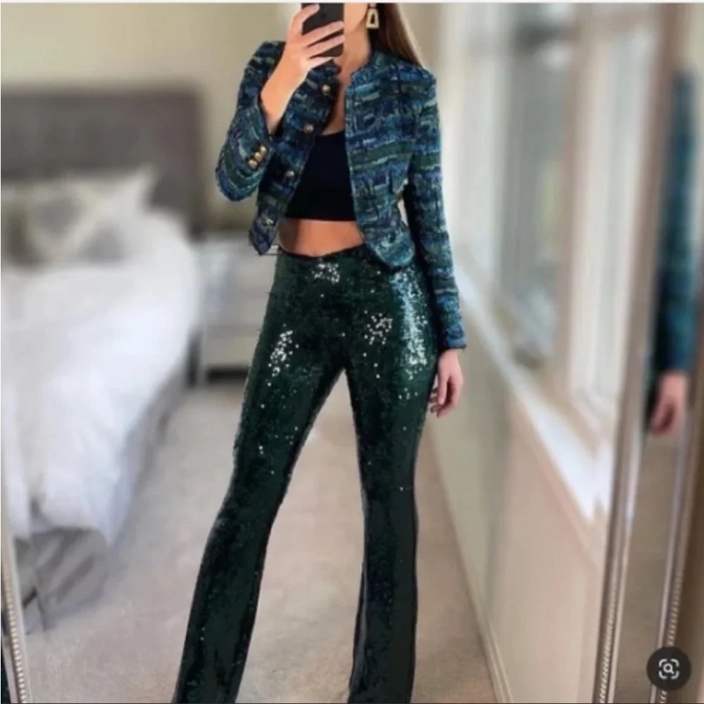ZARA NWT BLOGGER FAVE Emerald Green Sequin Flare Leg Pants Holiday Party Pants - Picture 13 of 17